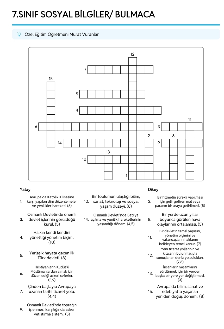 7.SINIF SOSYAL BİLGİLER /BULMACA