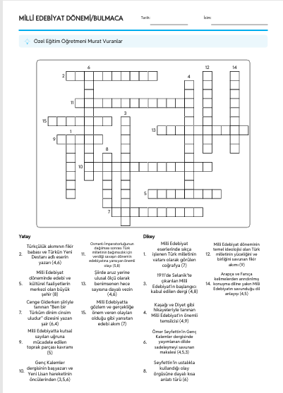 MİLLİ EDEBİYAT DÖNEMİ/BULMACA