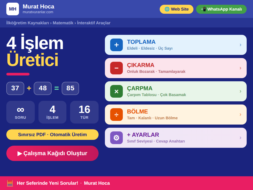 4 İşlem Çalışma Kağıdı Üretici – Sınırsız Matematik Soruları