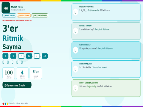3'er Ritmik Sayma Oyunu – Boşluk Doldur, Sıra Bul, Çarpım Tablosu | İlköğretim Matematik
