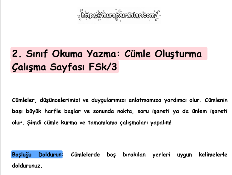 OKUMA -YAZMA  CÜMLE OLUŞTURMA / CÜMLE TAMAMLAMA/FASİKÜL 3/
