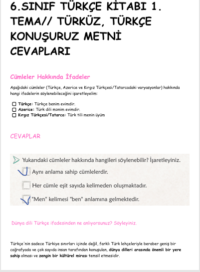 6.SINIF TÜRKÇE KİTABI 1. TEMA// TÜRKÜZ, TÜRKÇE KONUŞURUZ METNİ  CEVAPLARI