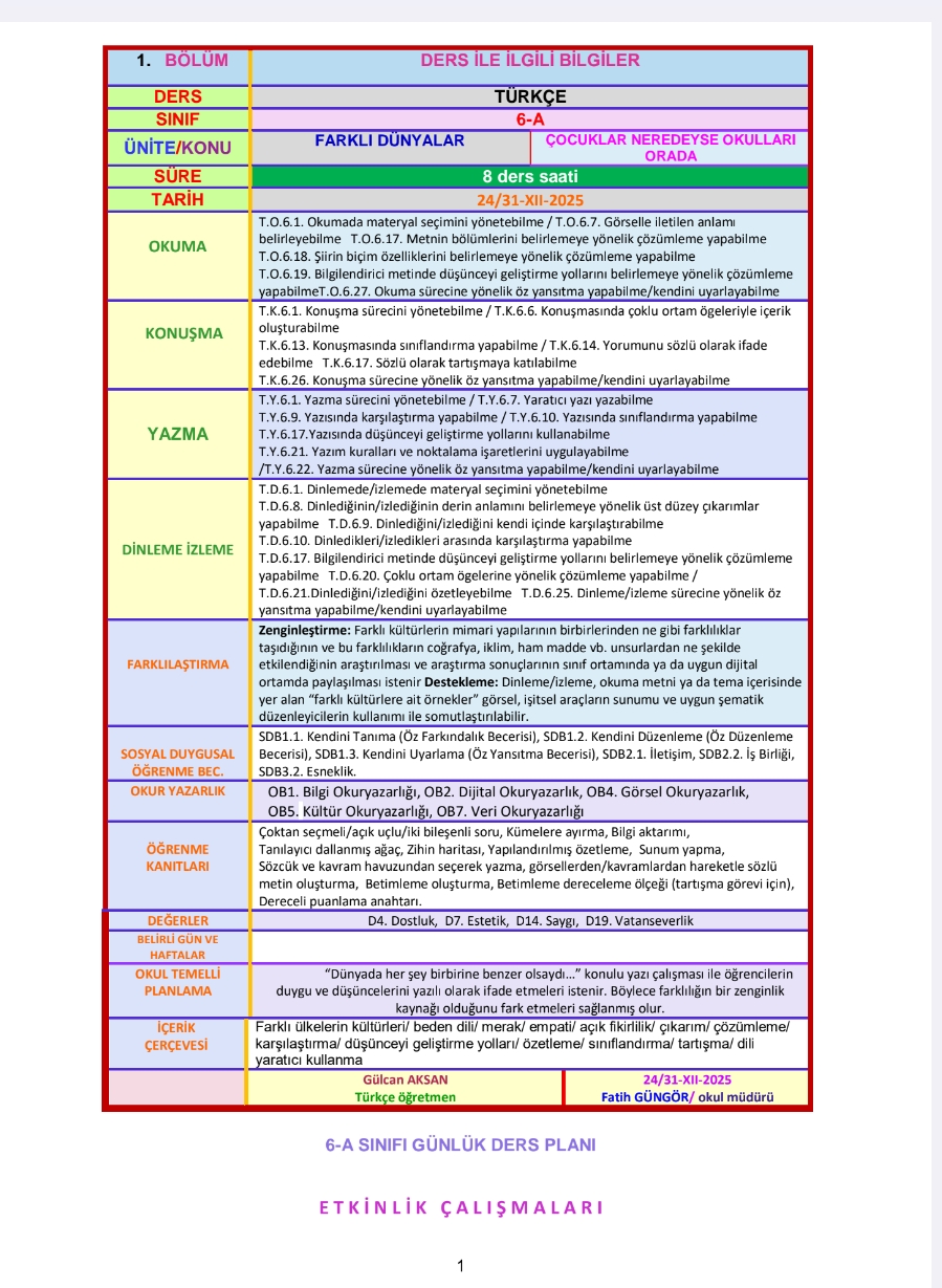 6. SINIF TÜRKÇE GÜNLÜK DERS PLANI / ÇOCUKLAR NEREDEYSE OKULLARI ORADA