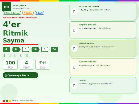 4'er Ritmik Sayma Oyunu – Boşluk Doldur, Sıra Bul, Çarpım Tablosu | İlköğretim Matematik