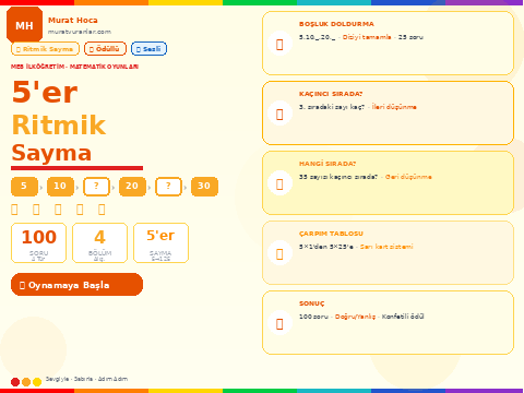 5'er Ritmik Sayma Oyunu – Boşluk Doldur, Sıra Bul, Çarpım Tablosu | İlköğretim Matematik