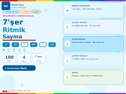 7'şer Ritmik Sayma Oyunu – Boşluk Doldur, Sıra Bul, Çarpım Tablosu | İlköğretim Matematik
