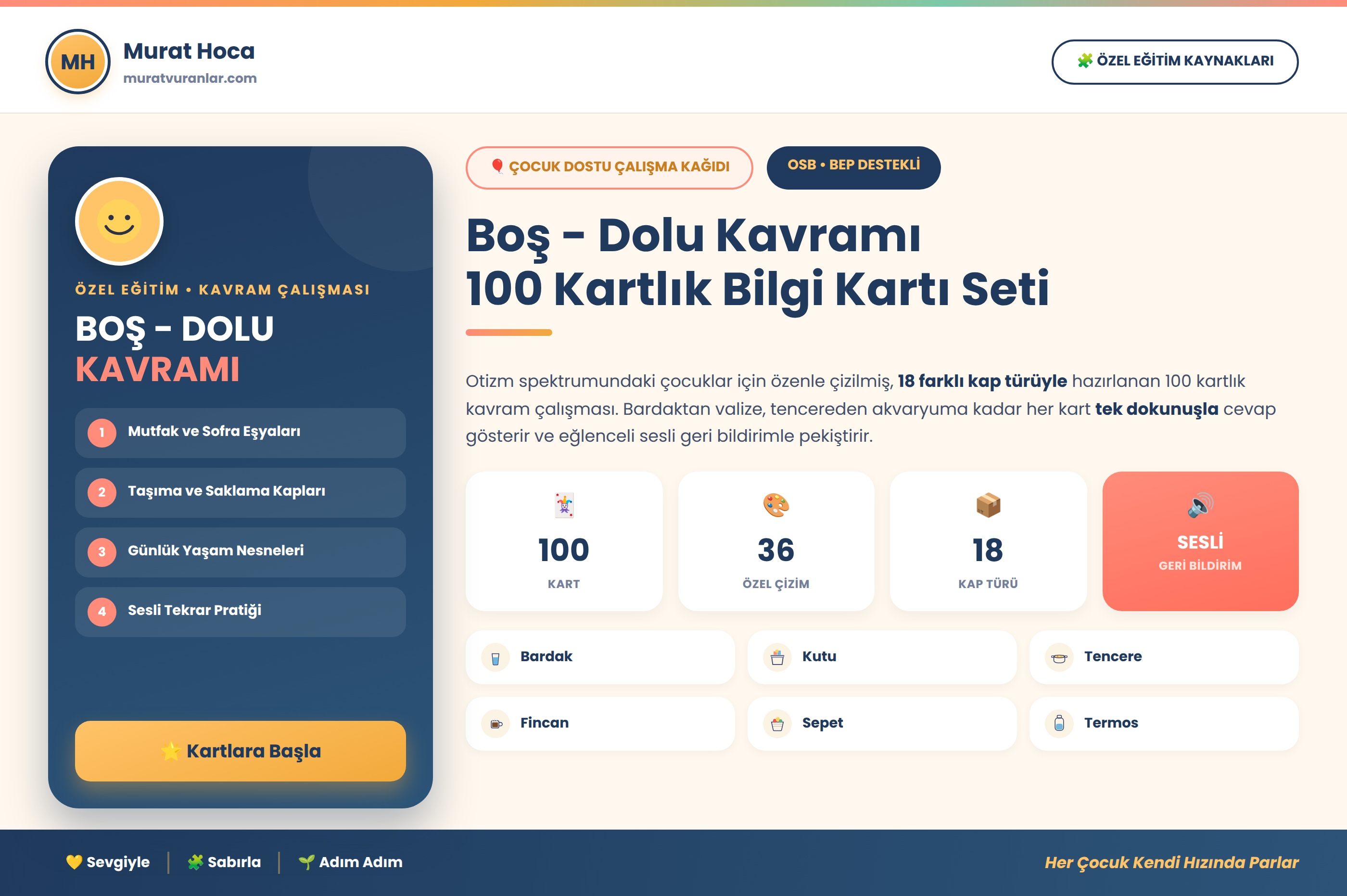 Boş - Dolu Kavramı Bilgi Kartları – 100 Kartlık Sesli Kavram Seti