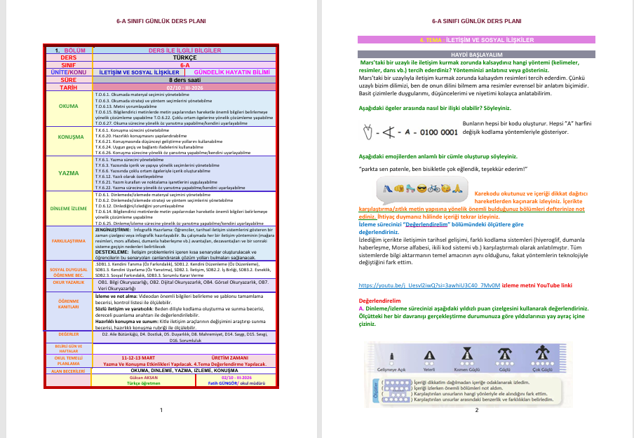 6. SINIF TÜRKÇE GÜNLÜK DERS PLANI