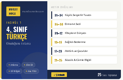 4. Sınıf Türkçe: Okuma-Anlama ve Sözcük Bilgisi 25 Soru