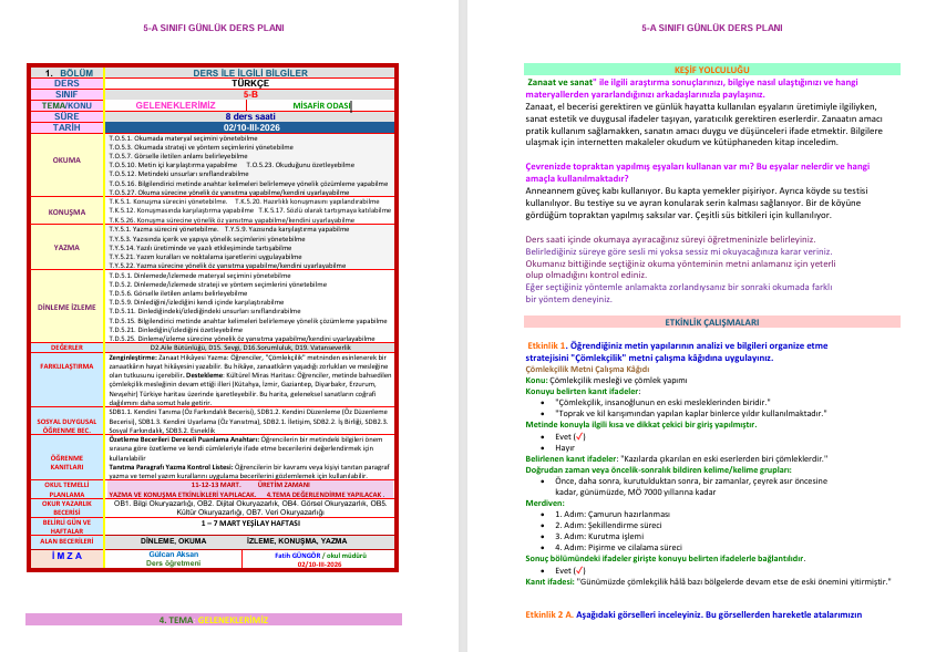 5. SINIF TÜRKÇE GÜNLÜK DERS PLANI