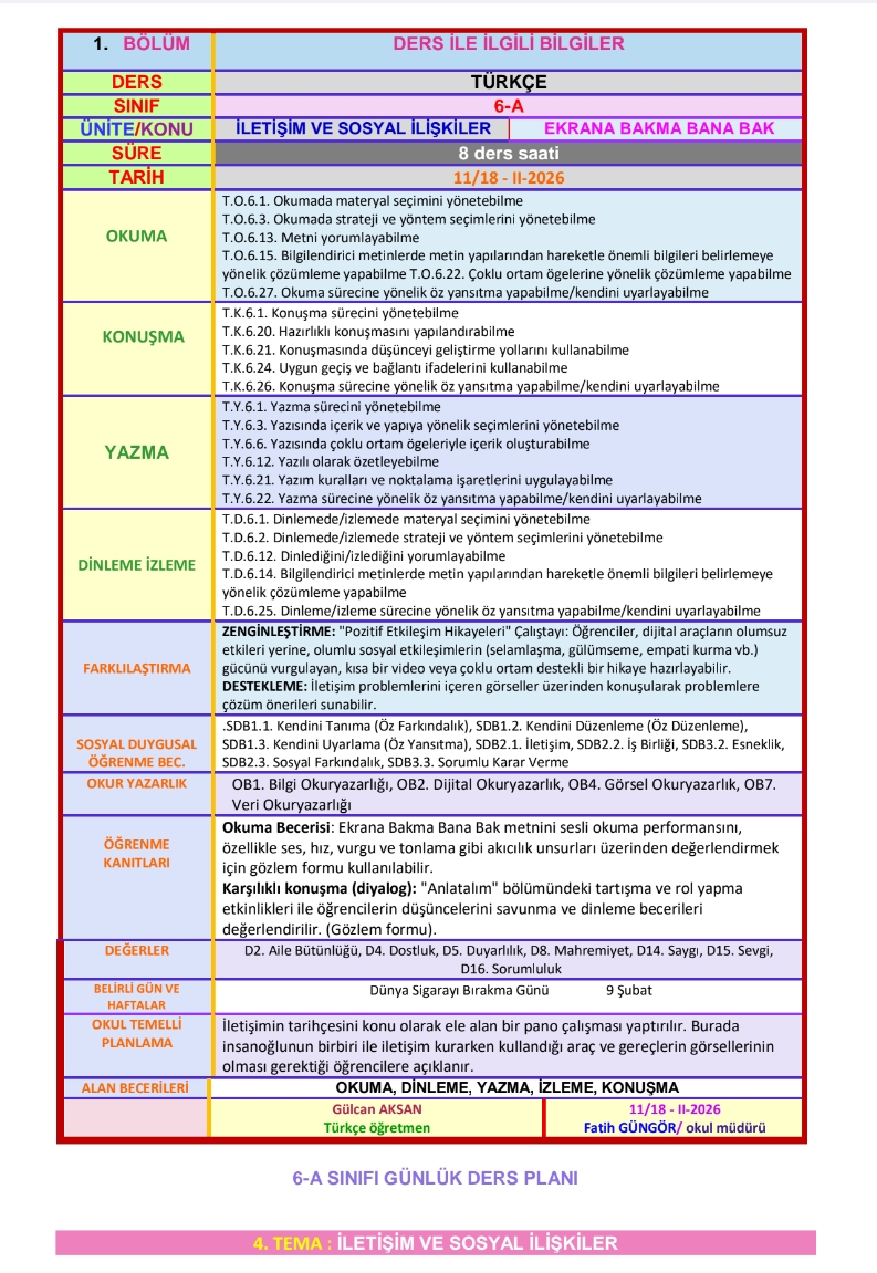6.SINIF TÜRKÇE GÜNLÜK DERS PLANI/ EKRANA BAKMA BANA BAK