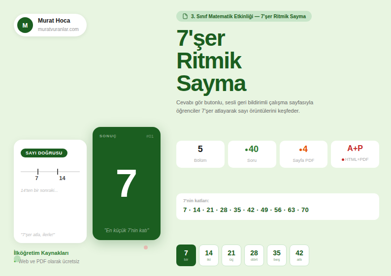 3. Sınıf Matematik 7'şer Ritmik Sayma 📐 Toplam 40 Soru • İlköğretim