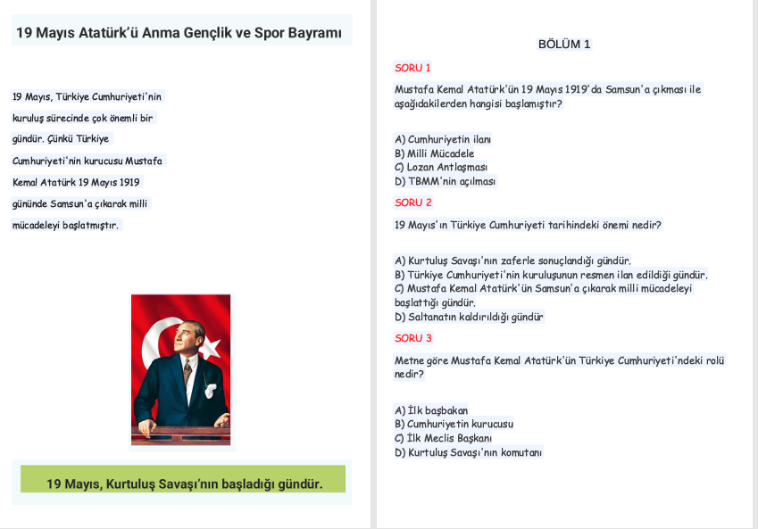19 MAYIS  ETKİNLİK (SORU - CEVAP KAVRATMA)