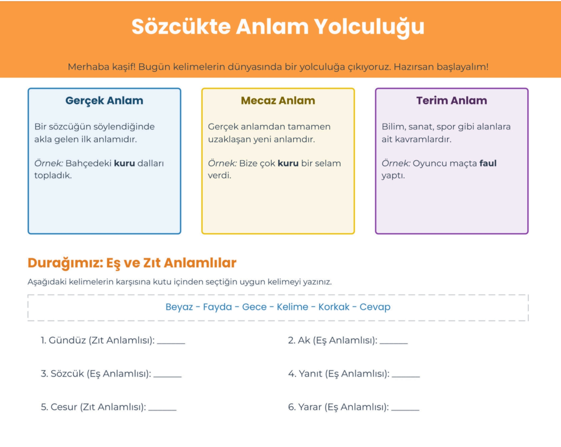 5.SINIF SÖZCÜKTE ANLAM/ÇALIŞMA SAYFASI