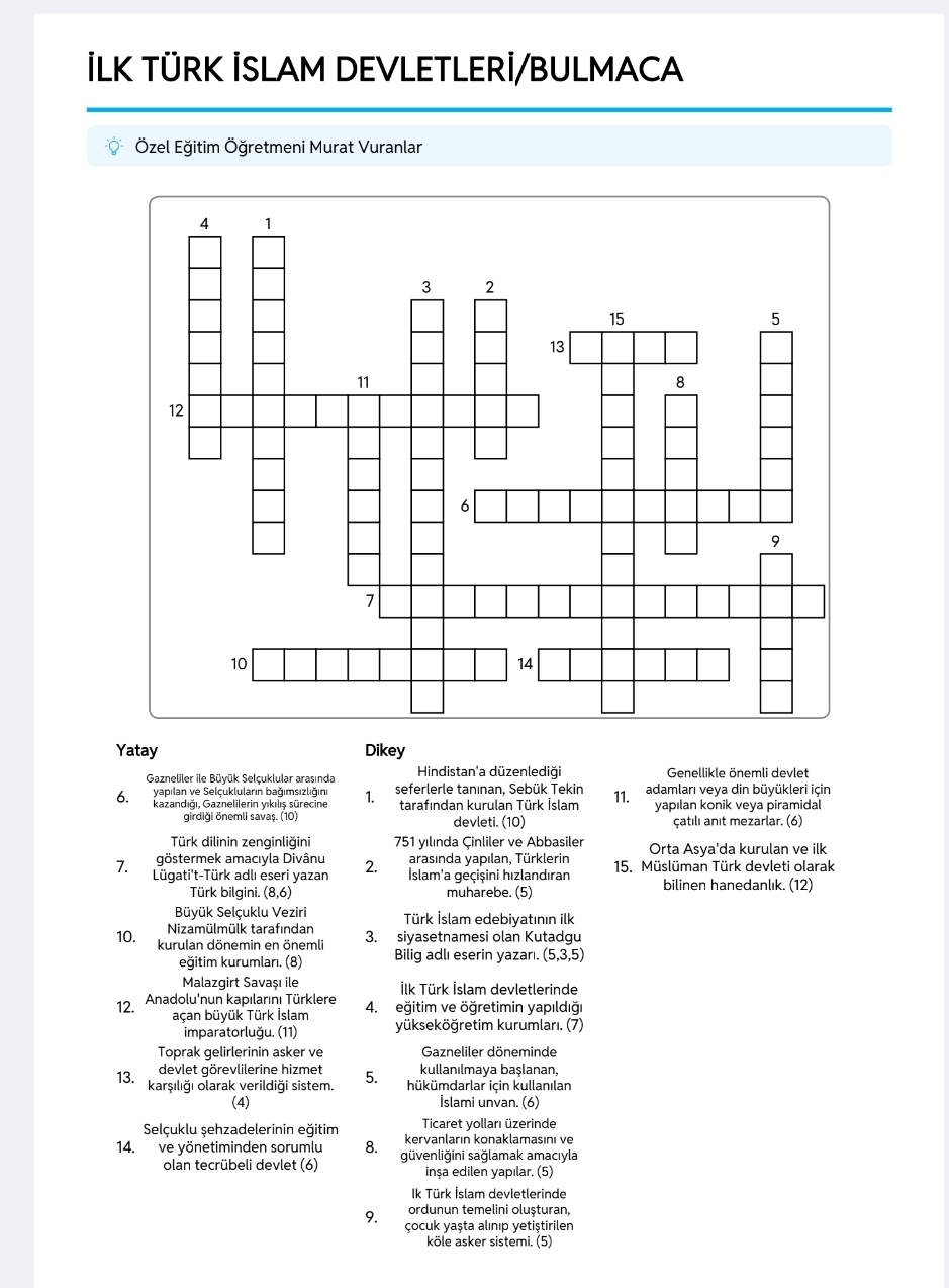 İLK TÜRK İSLAM DEVLETLERİ/ BULMACA