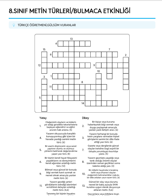 8. SINIF TÜRKÇE METİN TÜRLERİ/BULMACA