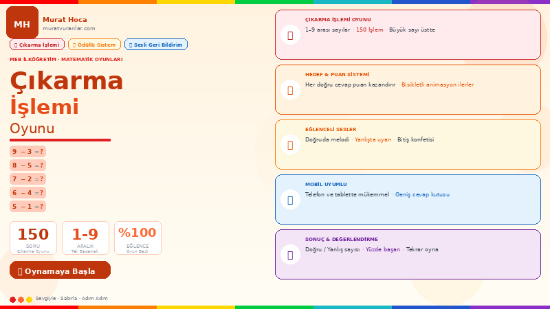Çıkarma Oyunu – Tek Basamaklı Sayılar | İlköğretim Matematik Oyunları