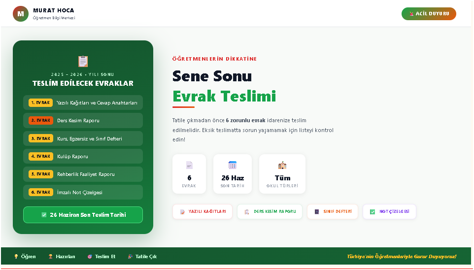 Öğretmenlerin Sene Sonunda Okul İdaresine Teslim Etmeleri Gereken Evraklar Belli Oldu