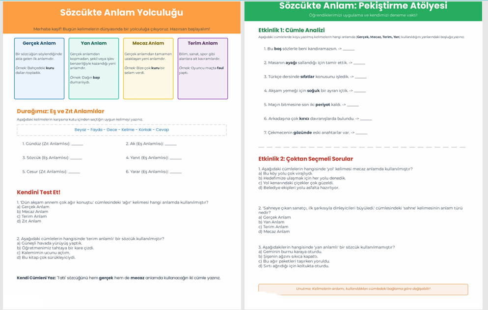 SÖZCÜKTE ANLAM ÇALIŞMA SAYFASI 2