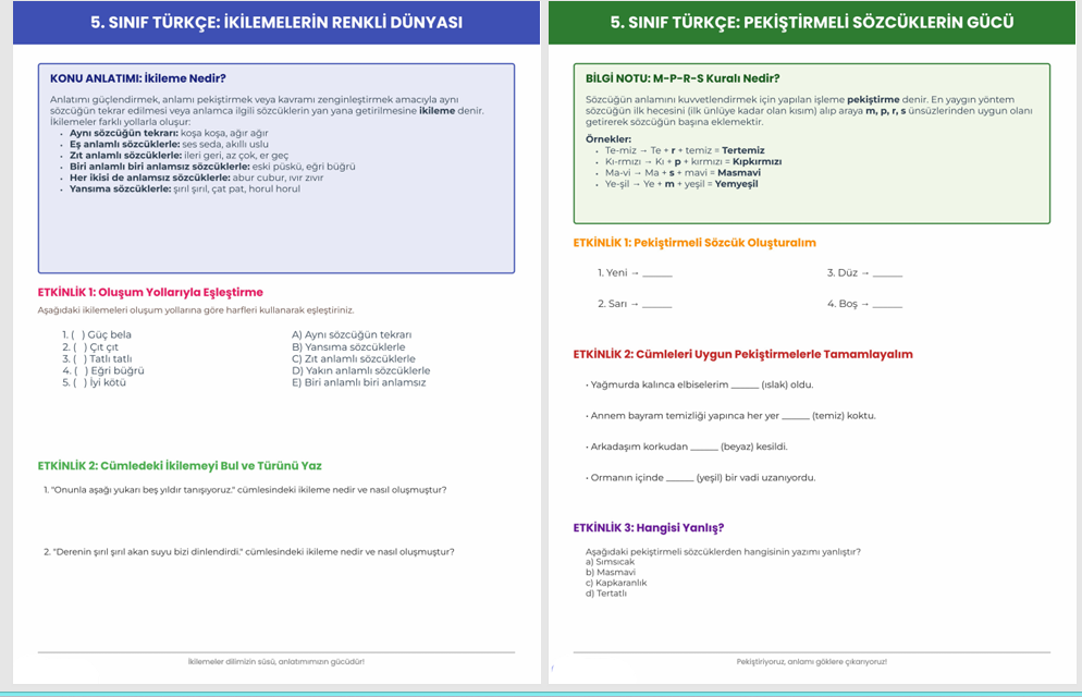 5. SINIF TÜRKÇE İKİLEME VE PEKİŞTİRMELER