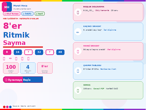 8'er Ritmik Sayma Oyunu – Boşluk Doldur, Sıra Bul, Çarpım Tablosu | İlköğretim Matematik
