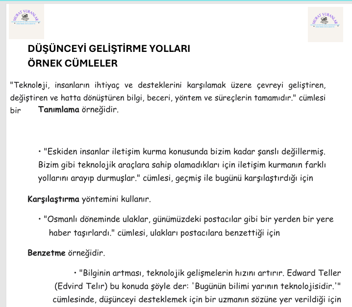 7. SINIF TÜRKÇE DÜŞÜNCEYİ GELİŞTİRME YOLLARI