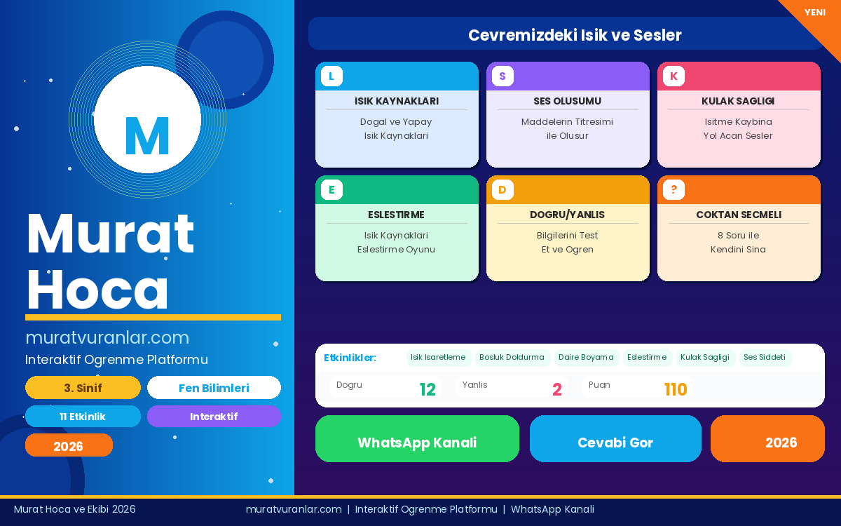 Çevremizdeki Işık ve Sesler | 3. Sınıf Fen Bilimleri İnteraktif Çalışma Kitabı