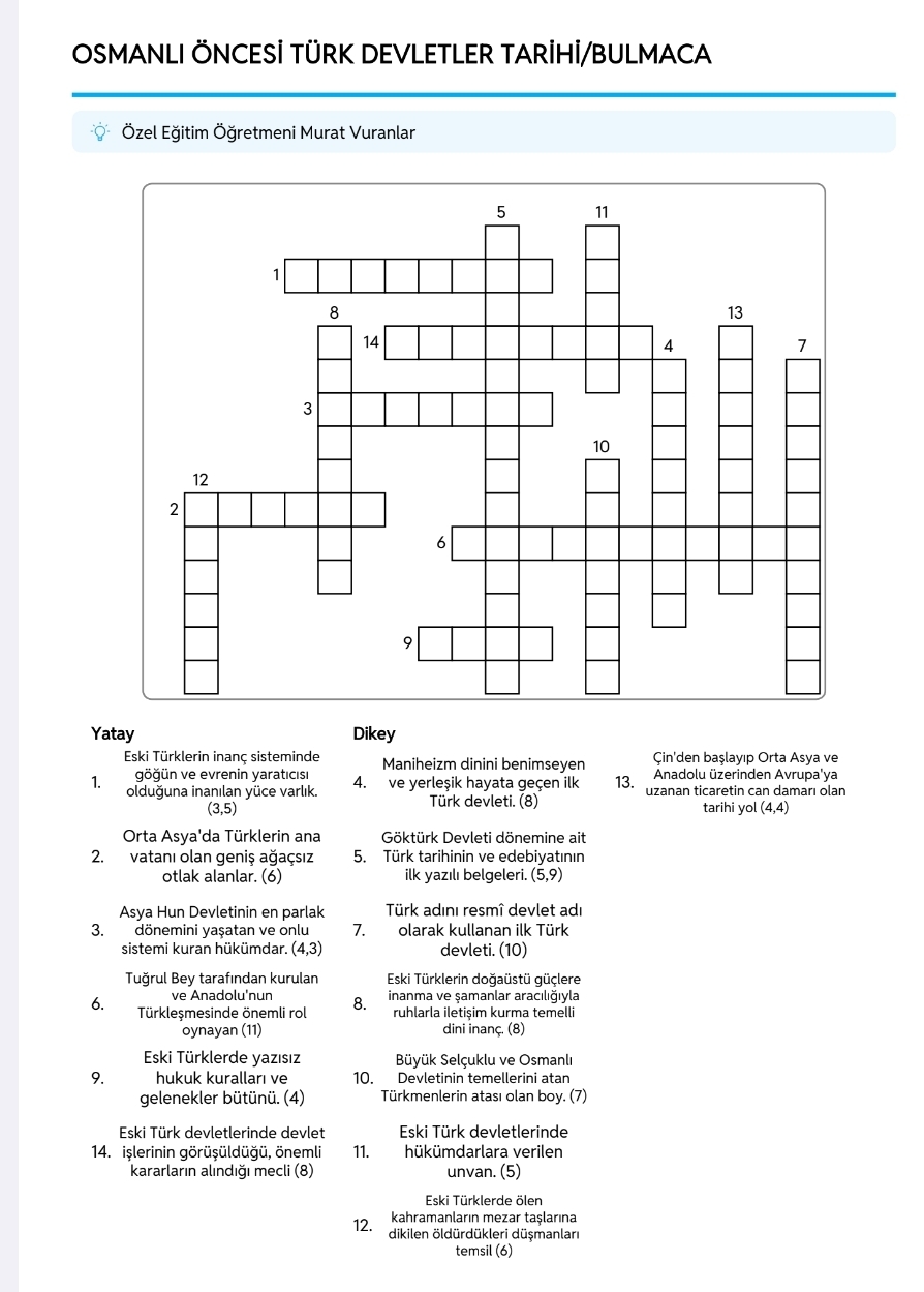 OSMANLI ÖNCESİ TÜRK DEVLETLERİ/BULMACA
